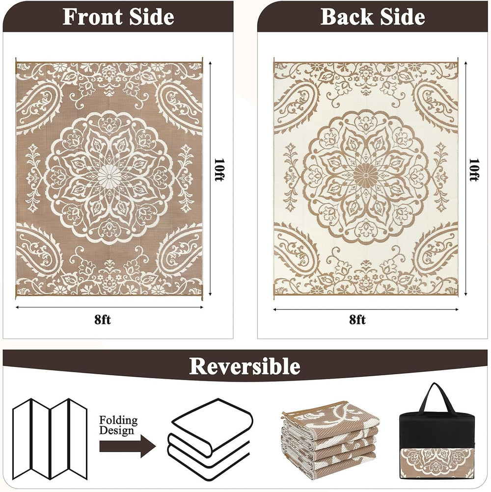 Pauwer Outdoor Rug 8x10, Waterproof Plastic Straw Camping Rug, Boho Brown