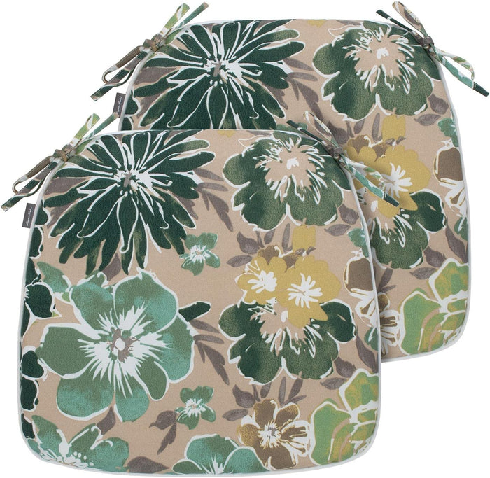Magpie Fabrics 17"x16"x2" U-Shape Chair Cushions with Ties 2 Count, Outdoor Indoor Waterproof All Weather Seat Pads Decoration for Patio Garden Dining Office - Green Floral