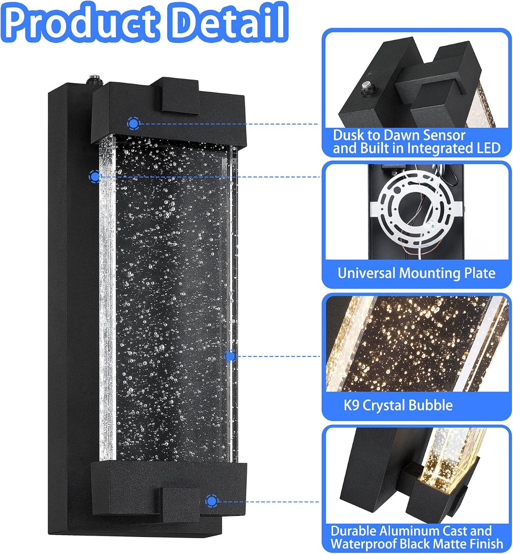 Black Wall Sconce with K9 Crystal Bubble and Dusk to Dawn Sensor, Exterior LE...