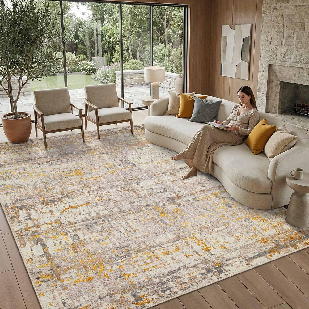 Rugxara 8x10 BeigeGold Modern Abstract Neutral Washable Rug for Living Room
