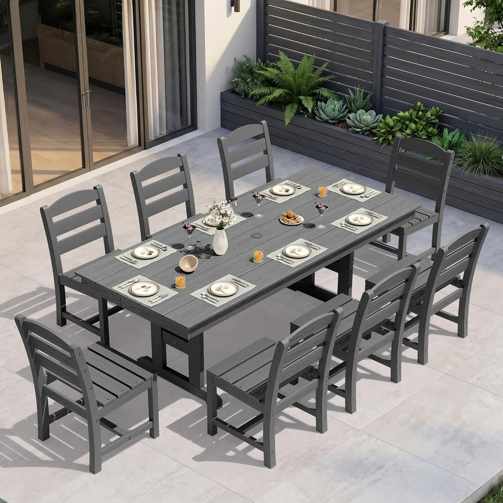 KINGYES Outdoor Dining Set,84'' Table w/Umbrella Hole & Armless C...