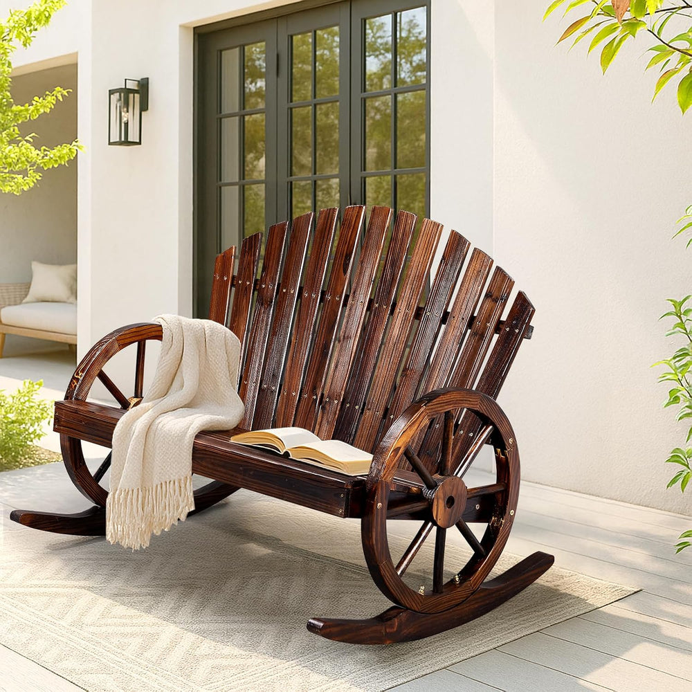 Outvita 2-Person Wood Rocking Chair, Fir Log Adirondack Rocker, Outdoor Wood ...