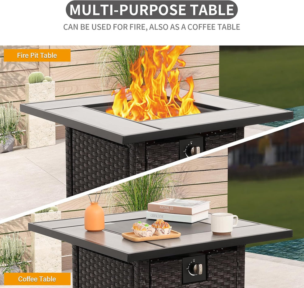 50000 BTU Brown Wicker Gas Fire Pit Outdoor Fire Pit Table 30 Inch Fire Pits ...