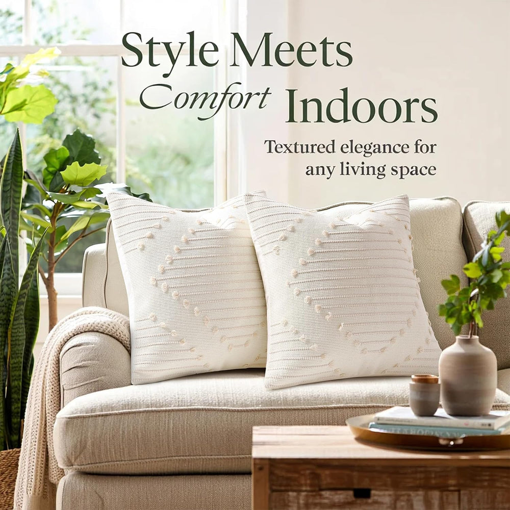 Mecatny Boho Outdoor Throw Pillow Covers 18x18 Set of 2 Beige & Cream White