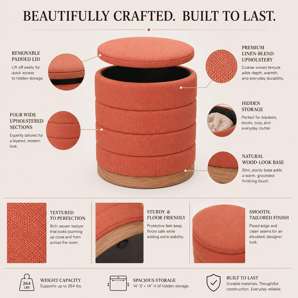 Linen Storage Ottoman Round Footrest with Hidden Storage, Coral Orange 16&quo...