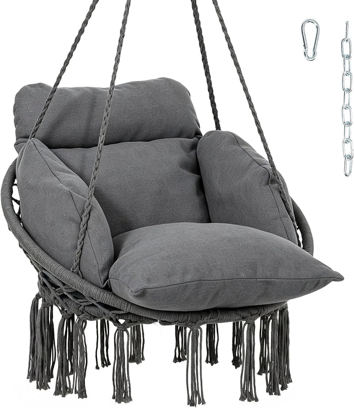 Outsunny Hammock Swing Chair w/Large Cushion Cotton Rope Chain Dark Gray