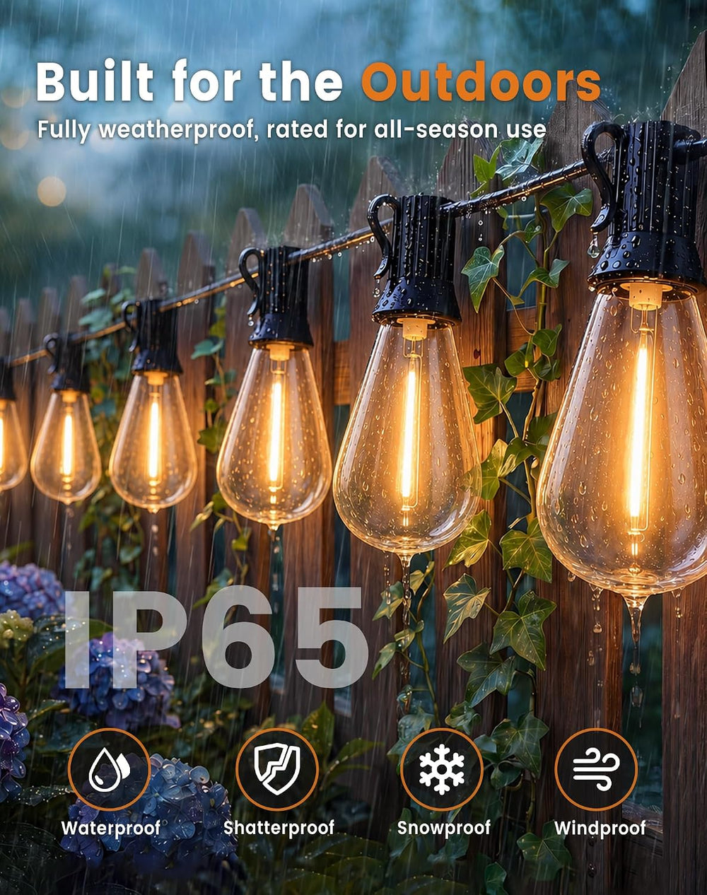 110FT(100+10) Outdoor LED String Lights with 2FT Bulb Spacing, Waterproof, Sh...
