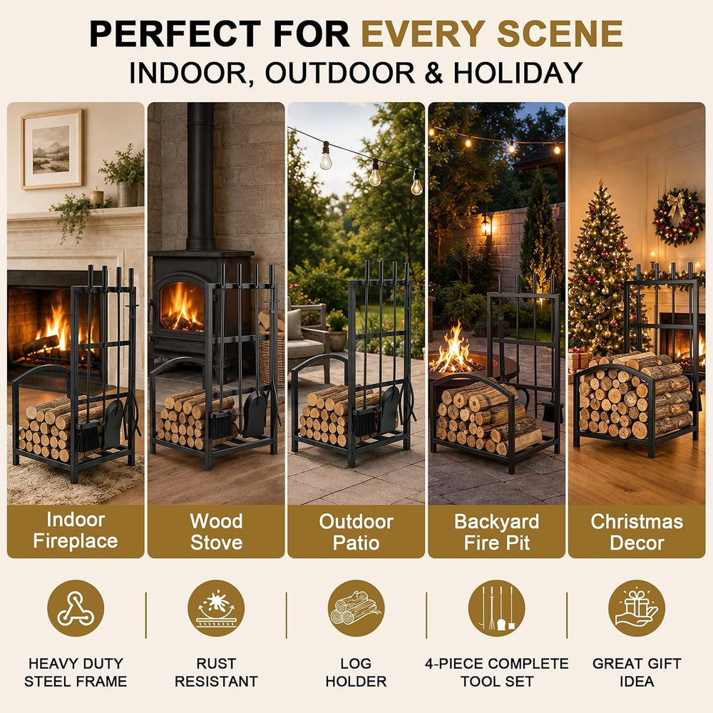 Gtongoko Fireplace Tools Set with Log Rack Holder, Heavy-Duty Steel Frame