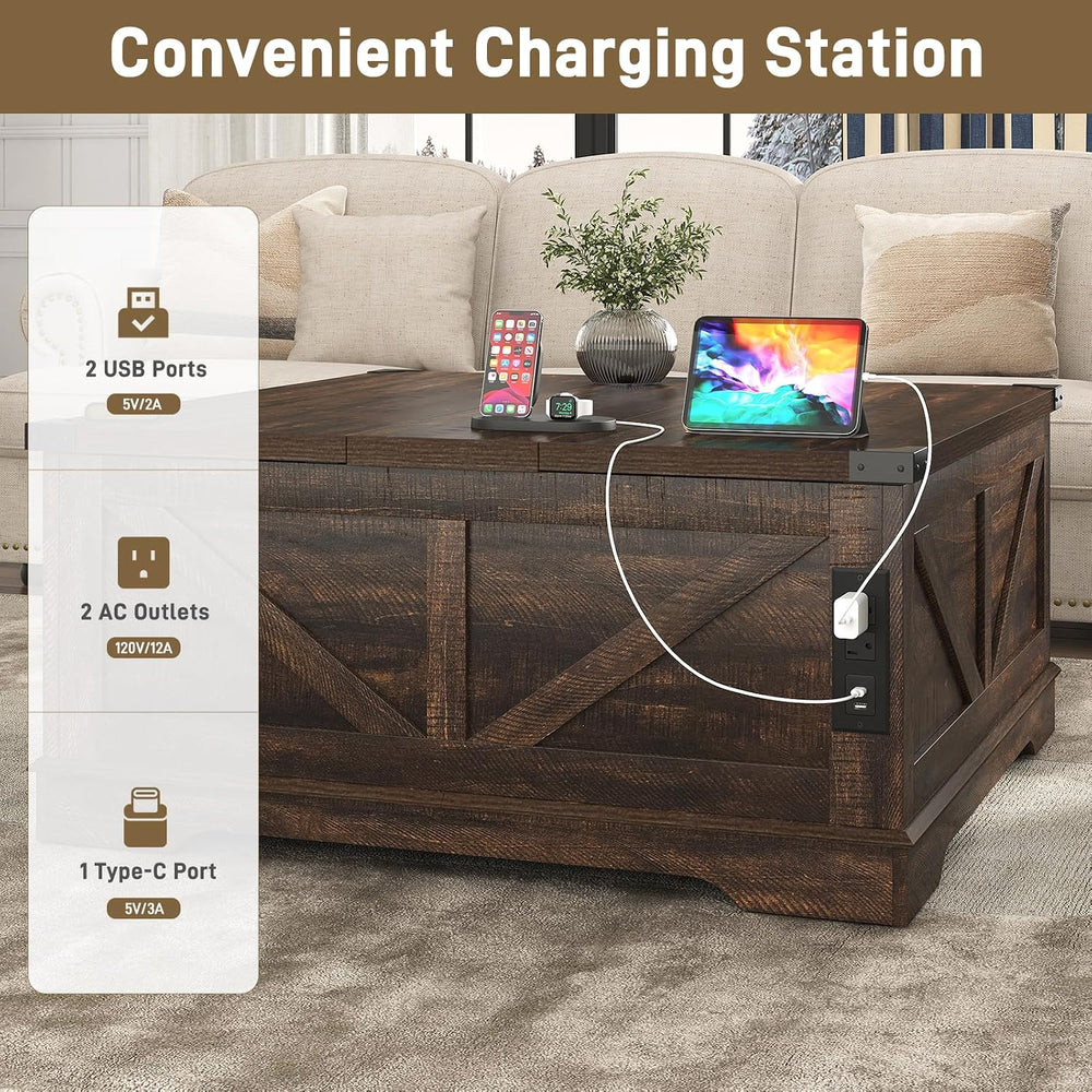Hlivelood 40” Large Farmhouse Lift Top Coffee Table with Power Outlets and La...