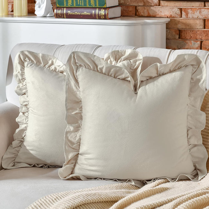AmHoo Pack of 2 Throw Pillow Covers 100% Cotton Pre Washed Ruffle Decorative Pillowcase Cushion for Couch Sofa Bedroom 24 x 24-Inch Beige