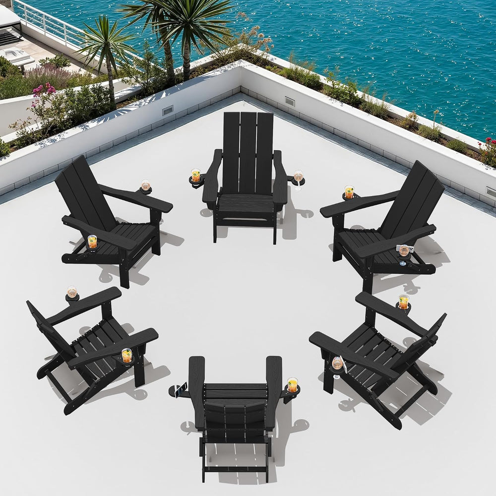 SERWALL Modern Folding Adirondack Chairs Set of 2, HDPE, Cup Holders, Black