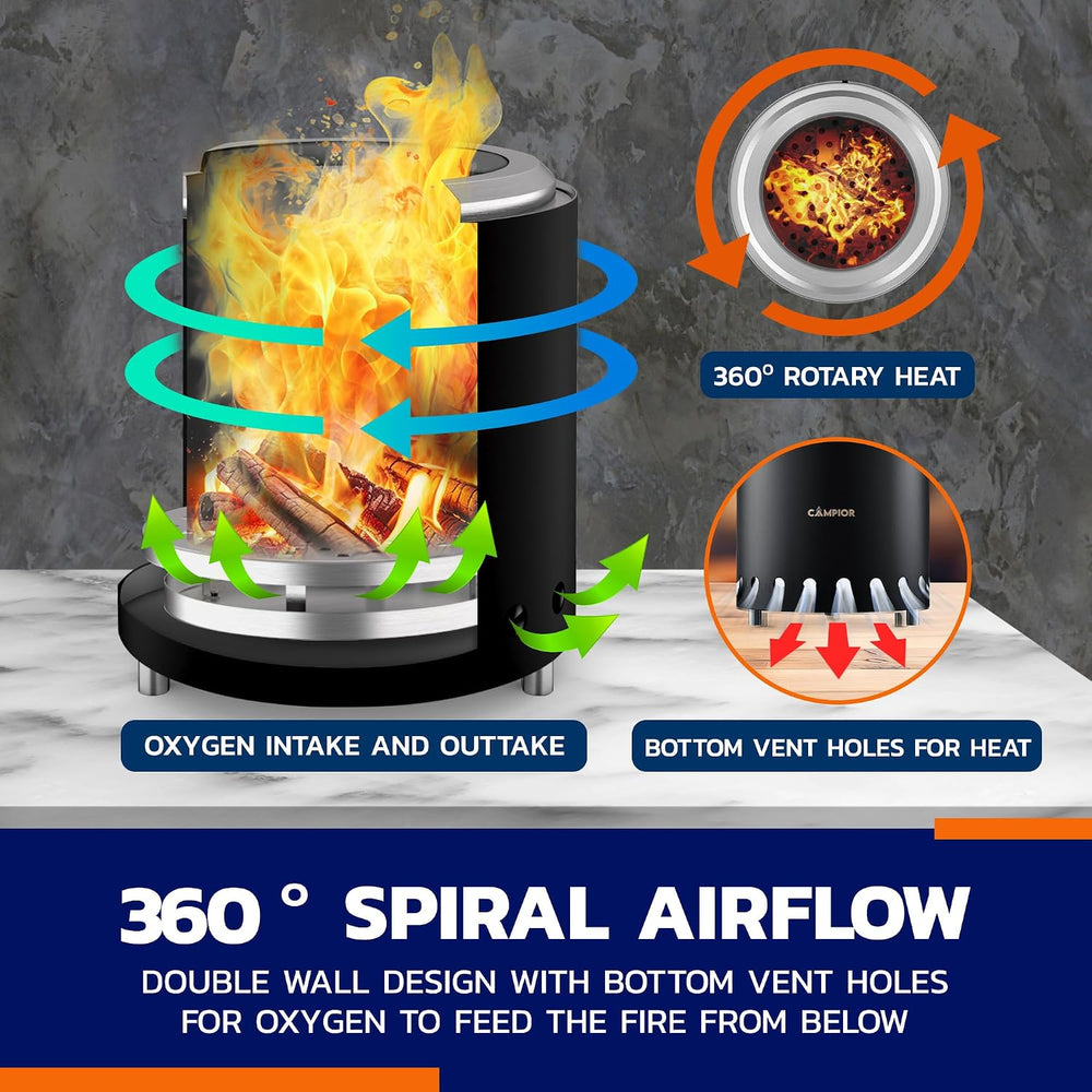 CAMPIOR Wood Burning Fire Pit Stove with Black Exterior - Smokeless Outdoor S...