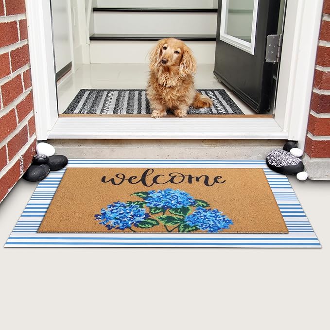 Tinideya 2 Pcs Hydrangea Door Mat Blue and White Stripe Welcome Non Slip Flow...