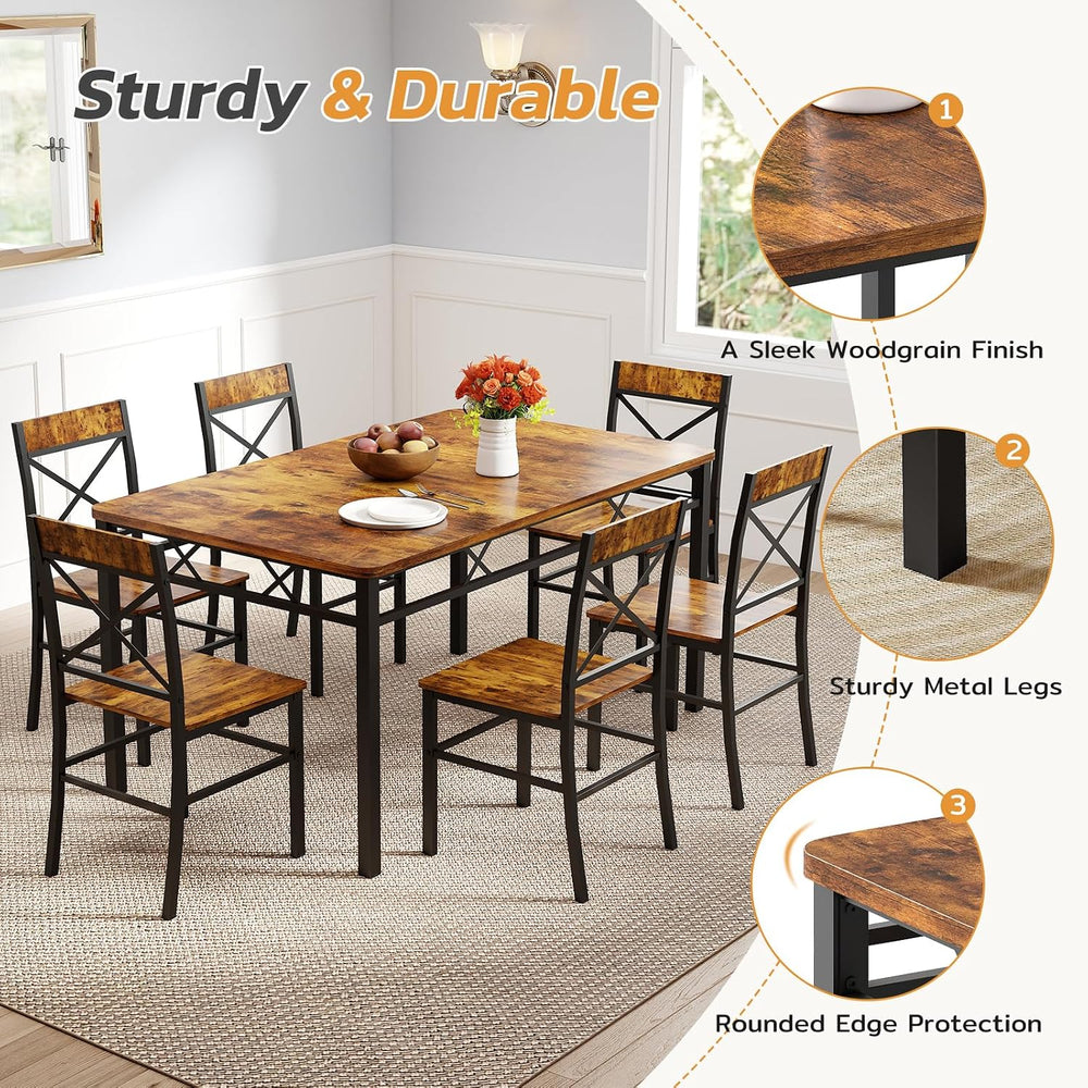 Zevemomo 7-Piece Dining Table Set, Kitchen Table Chairs Set of 6, Brown