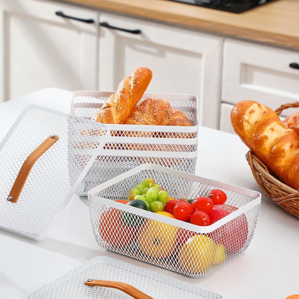 Tandefio 4 Pcs Metal Mesh Basket with Lid and Wooden Handle 9.65 x 7.68 Inch ...