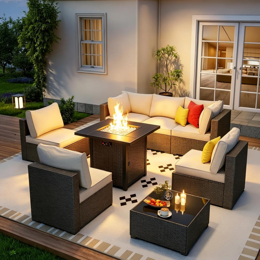 Outdoor Wicker Patio Furniture Set with Fire Pit Table Sectional Sofa Set Con...