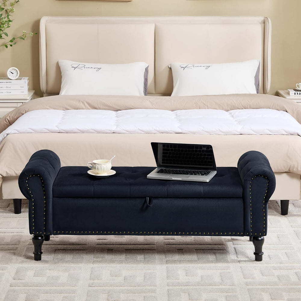Storage Bench for Bedroom, 51" Upholstered End of Bed Bench, Velvet Quee...