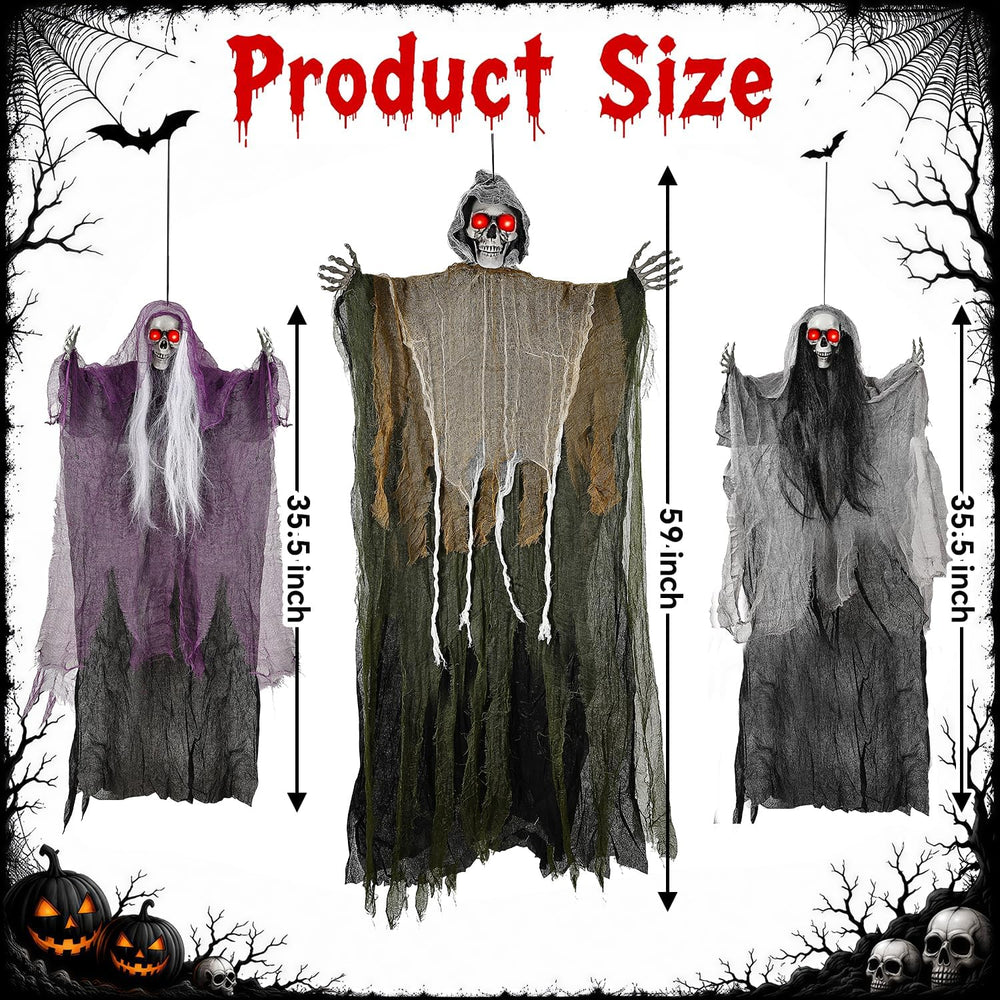 3PCS Scary Hanging Ghosts with Glowing Eyes, Light-Up Halloween Ghost Decorat...