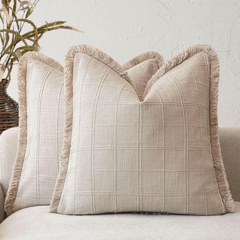 Foindtower Set of 2 Decorative Linen Check Fringe Throw Pillow Covers Farmhou...