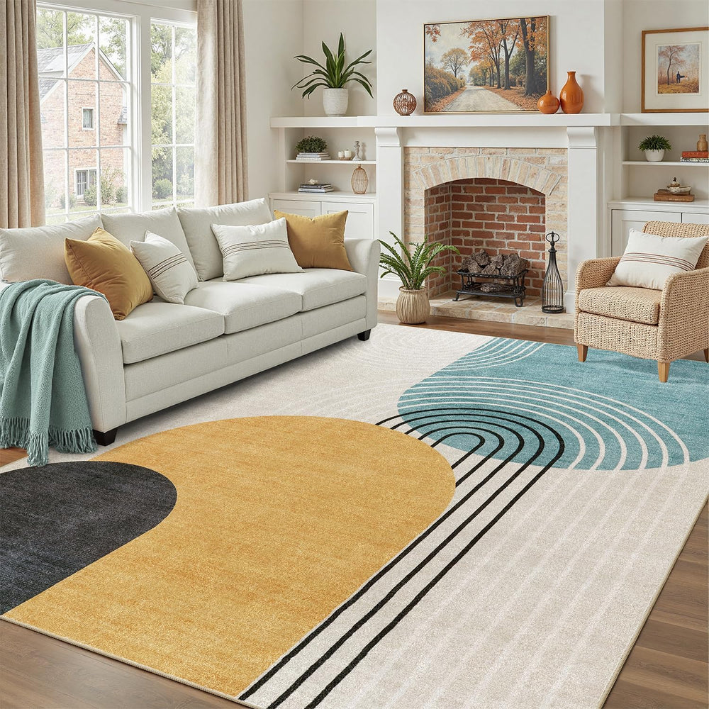 DCX Abstract Washable 6x9 Rug, Non Slip Low Pile Rug, Blue & Yellow