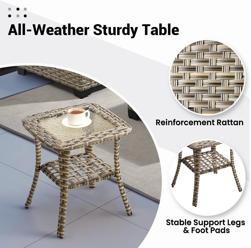 ovios Outdoor Side Table with Tempered Glass Top, Patio Wicker Rattan 2-Tier ...