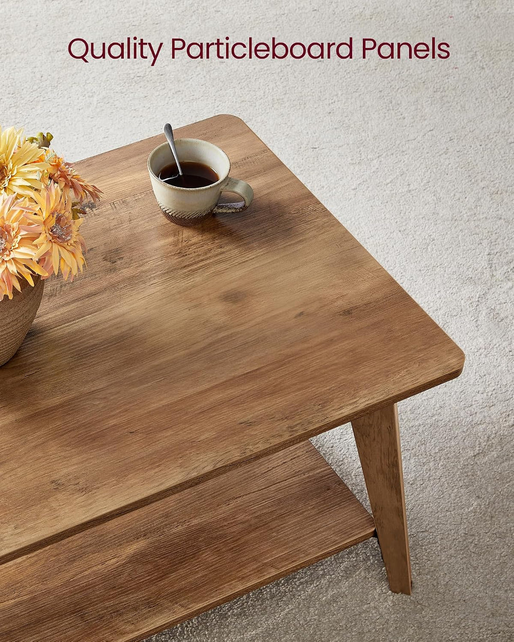 VASAGLE Coffee Table, 2-Tier Center Table with Storage, Tapered Legs