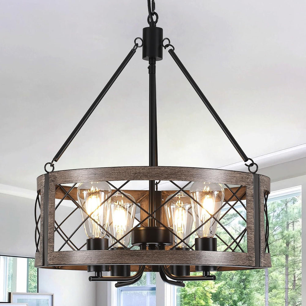 Farmhouse Drum Chandelier for Dining Room, 18" Rustic Black Chandelier w...