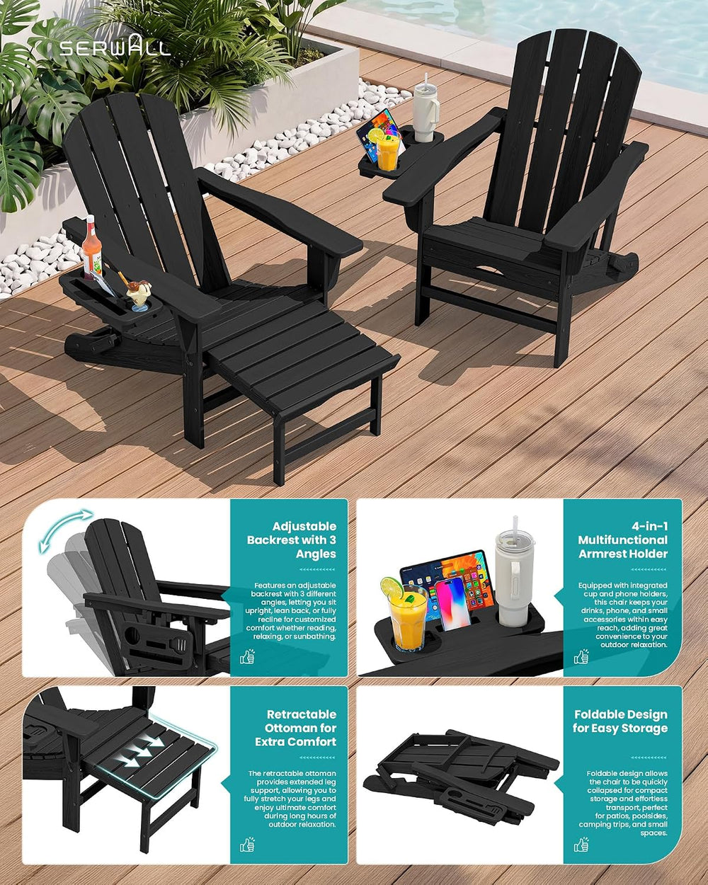 SERWALL Folding Adjustable Adirondack Chairs with Footrest Set of 4, HDPE Out...