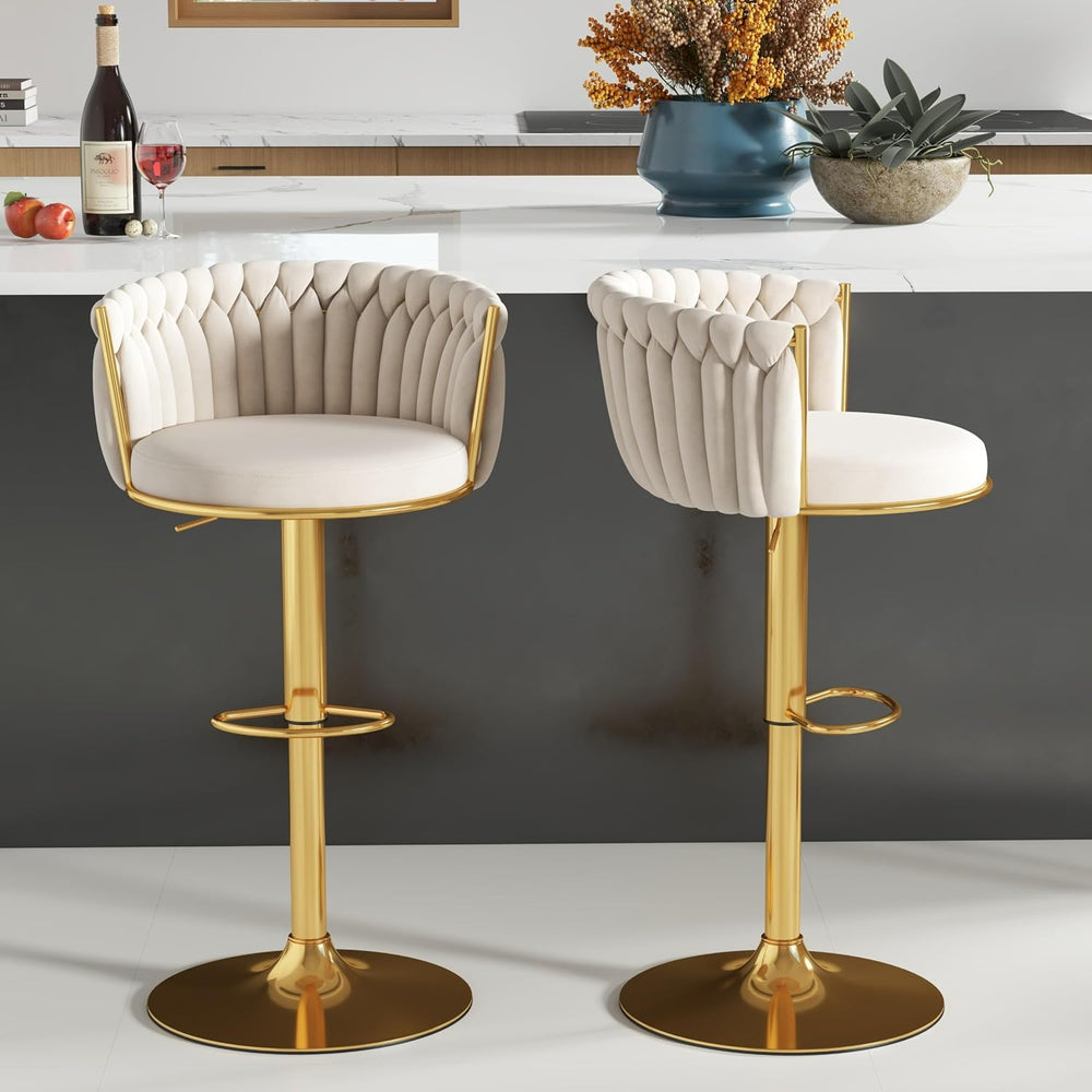 ABET Beige Gold Bar Stool Set of 2, Adjustable Height with Woven Backrest