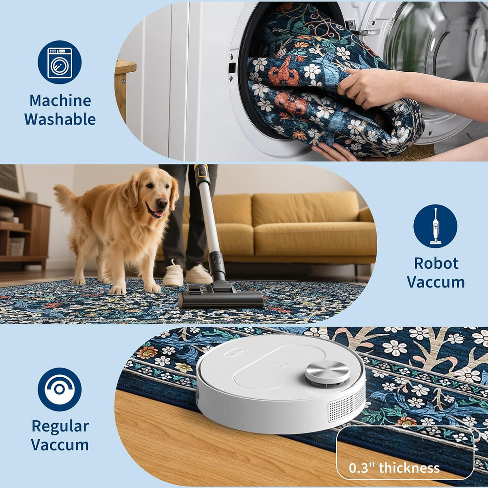 GarveeHome Blue Floral 5x7 Washable Area Rug for Living Room Bedroom