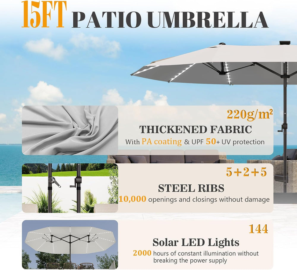 GDPFN 15ft Rectangular Patio Umbrella with Solar LED Lights, Double-Sided Out...