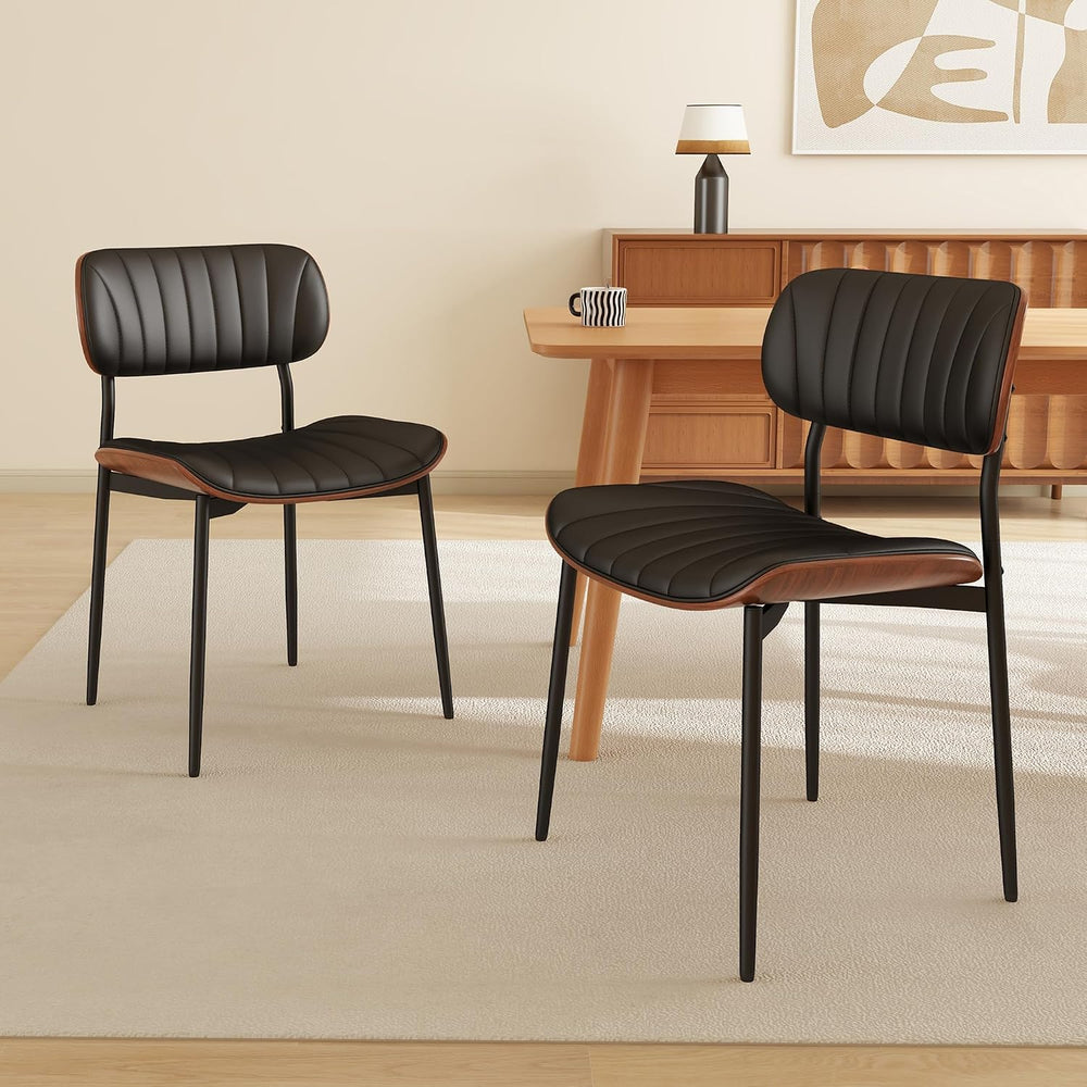 PU Leather Dining Chairs Set of 2 with Walnut Bentwood, Black