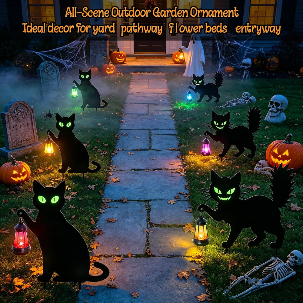 Halloween Spooky 2 Types Black Cat Yard Signs with Lantern(2PCS)