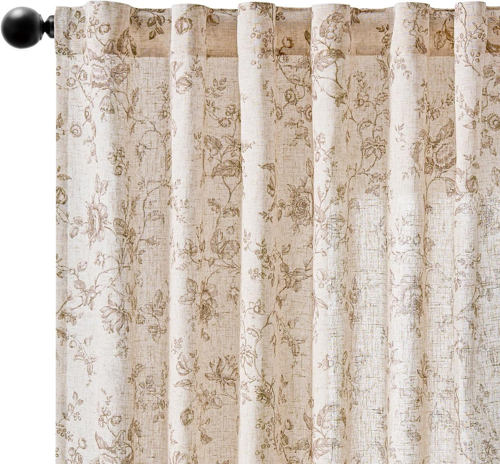 jinchan Linen Curtains 96 inch Taupe Floral Farmhouse Rod Pocket 2 Panels