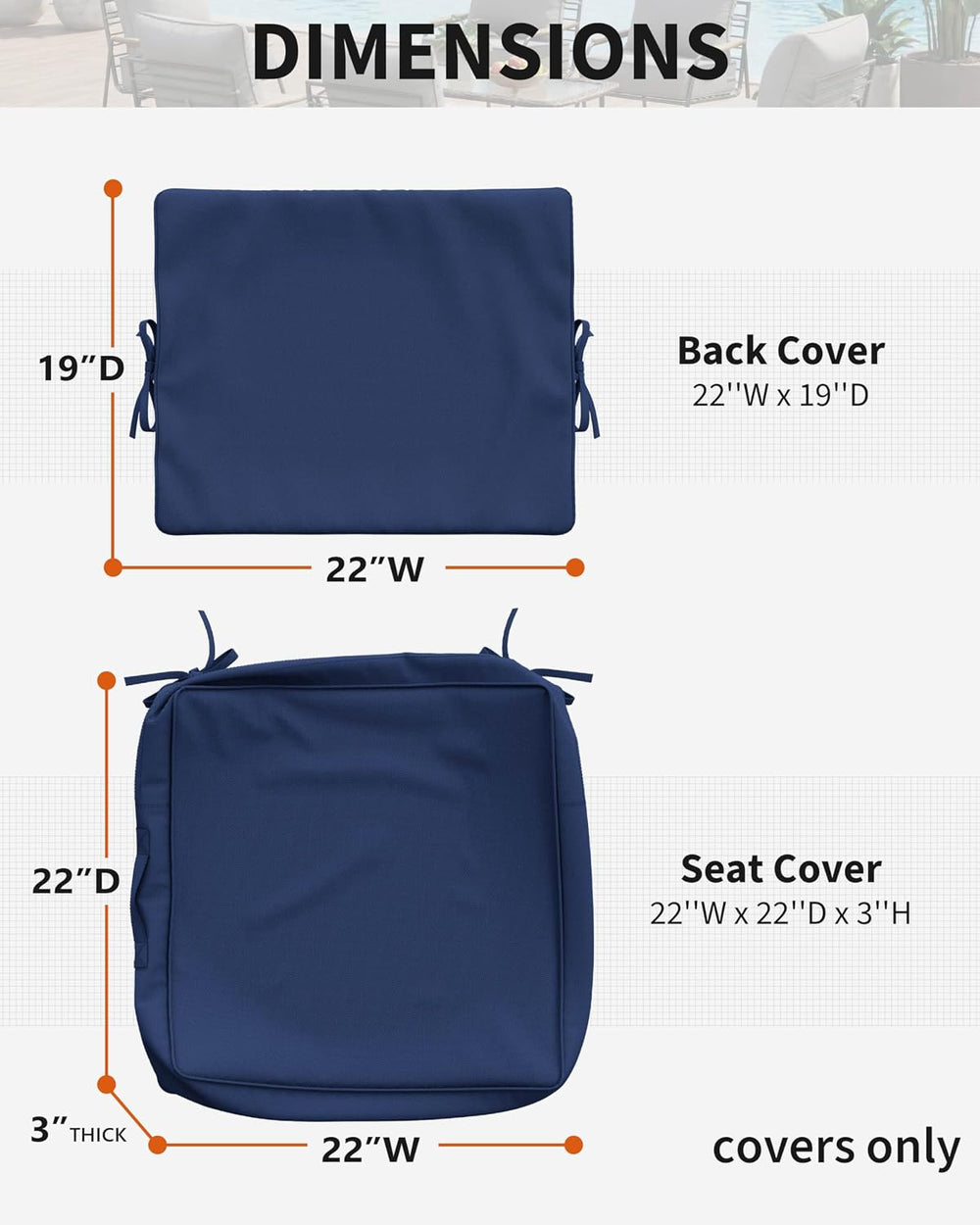 Thick Outdoor Back&Seat Cushion Covers 22×22×3in 12Pcs for Patio Furnitur...