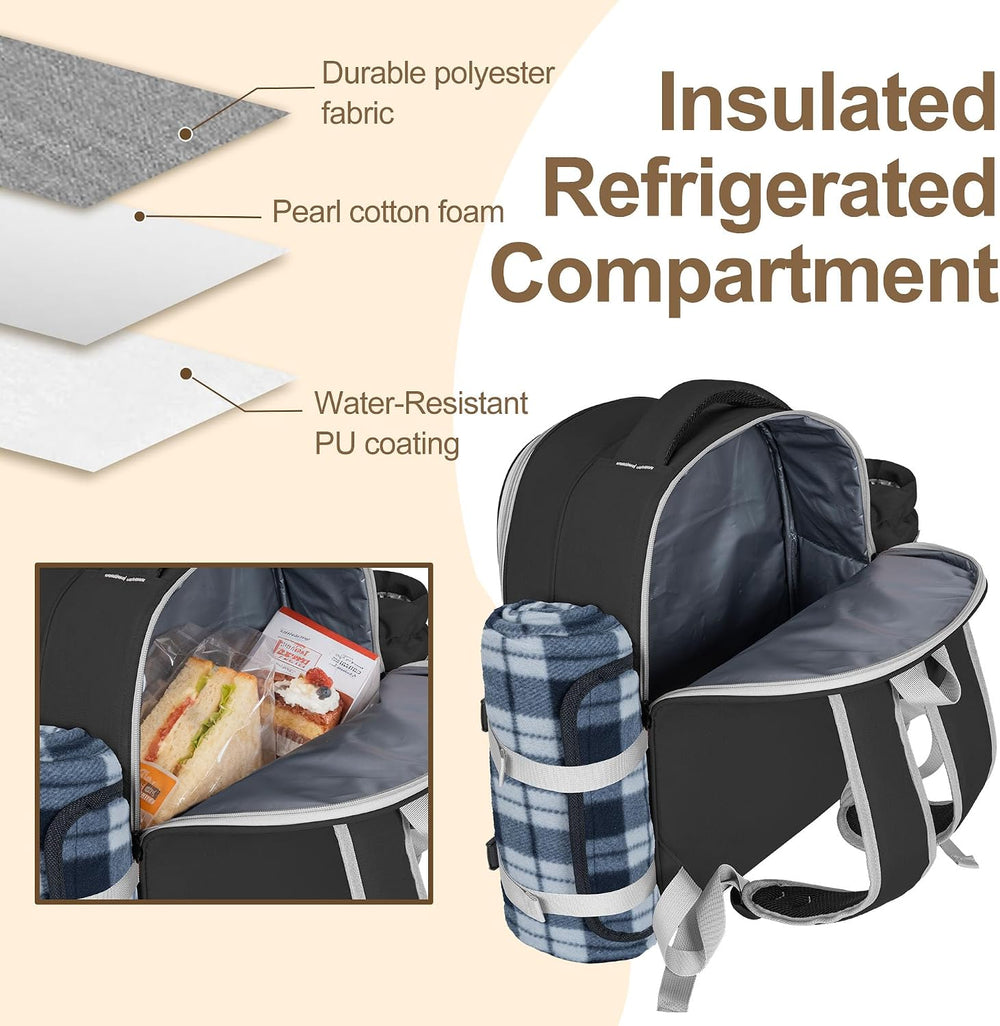 Picnic Backpack for 4 Persons with Insulated Leakproof Cooler Compartment, Cu...