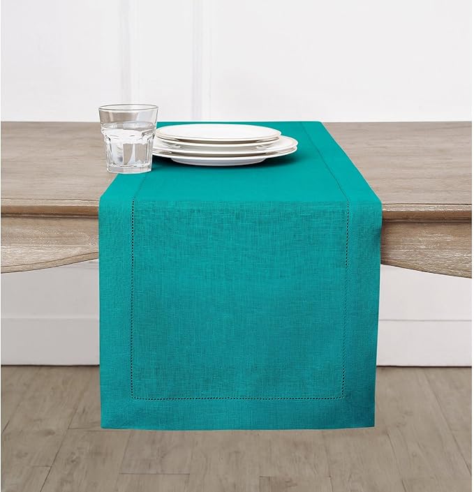 Solino Home Linen Teal Table Runner 72 Inches Long - 100% Pure Linen Hemstitc...