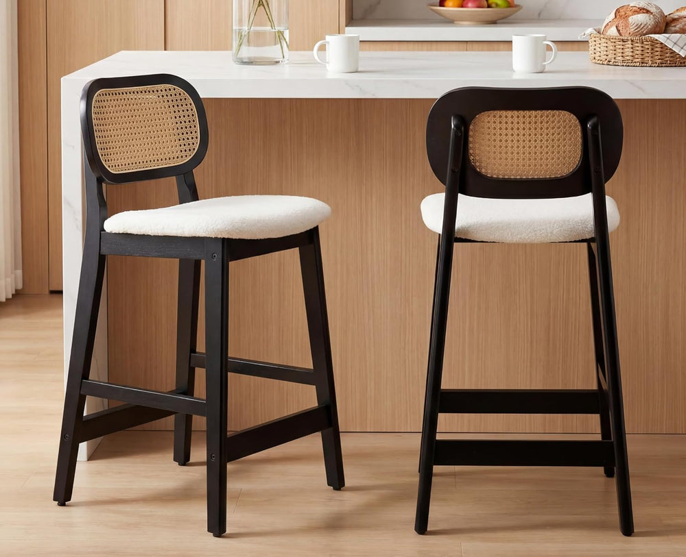 EALSON Counter Height Bar Stools Set of 2 Rattan Back Farmhouse Barstools Mid...