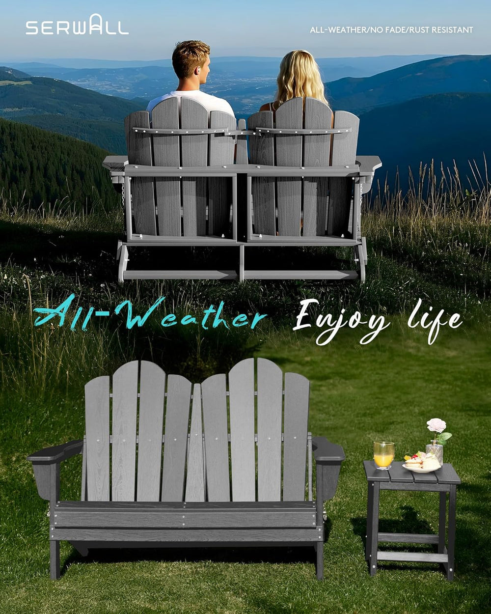 SERWALL Folding Adirondack Bench, HDPE All-Weather, 660lbs Cap, Grey