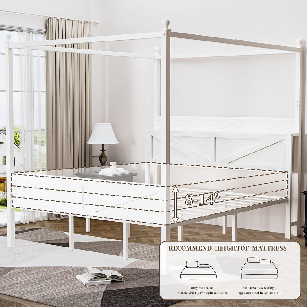 Canopy Bed Frame King Size with Barn Storage Headboard, Beige