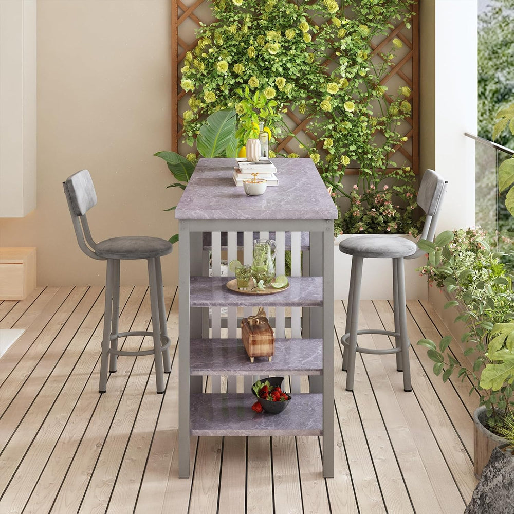 AWQM 3-Piece Bar Table and Chairs Set, Modern Gray Table with 2 PU Cushion Ba...