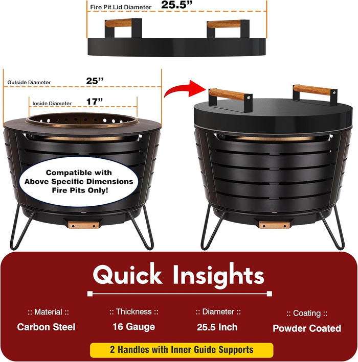 FEBTECH Firepit Lid Compatible with Fire Pit Inside up to 23" - Carbon Steel Tabletop Fire Pit Cover with 2 Heat Resistant Wooden Handles - Fire Pit Accessories for Family Gatherings & Bonfire