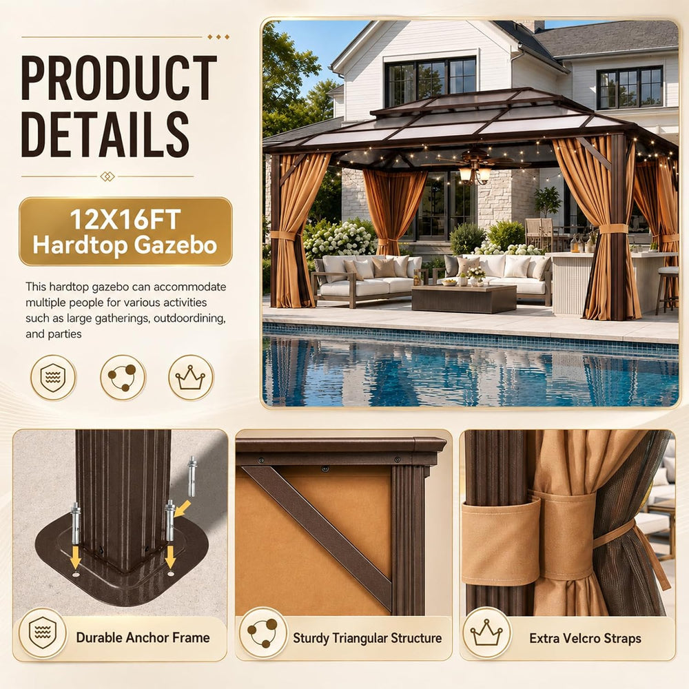 Aoxun 12'x16' Outdoor Gazebo with Double Polycarbonate Roof Brown