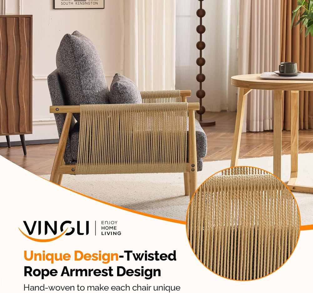 VINGLI Boho Braid Accent Armchair,Mid-Century Modern Chiar with Solid Wooden ...