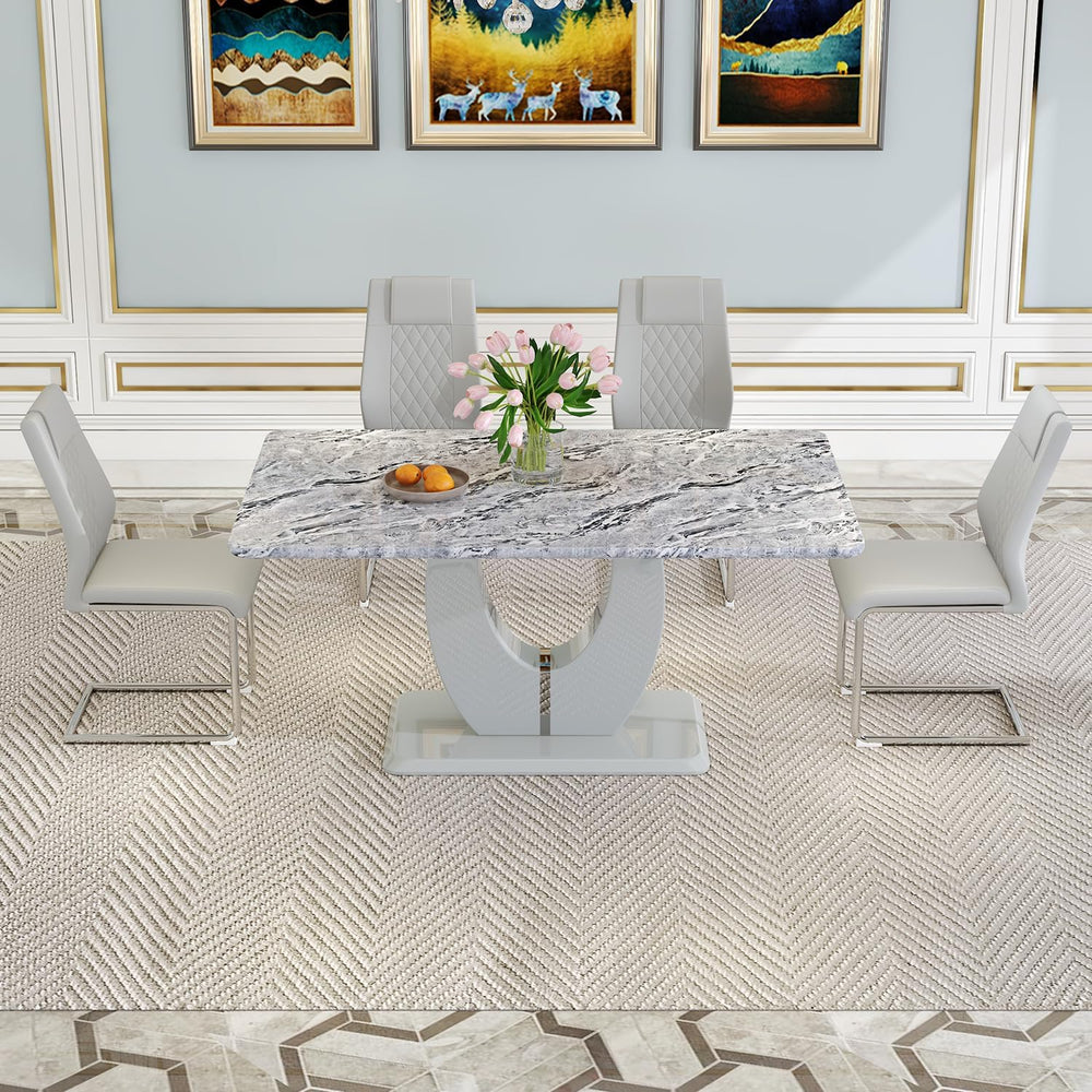 JUFU Dining Table Set for 4, 63" Faux Marble Dining Room Table Set with ...