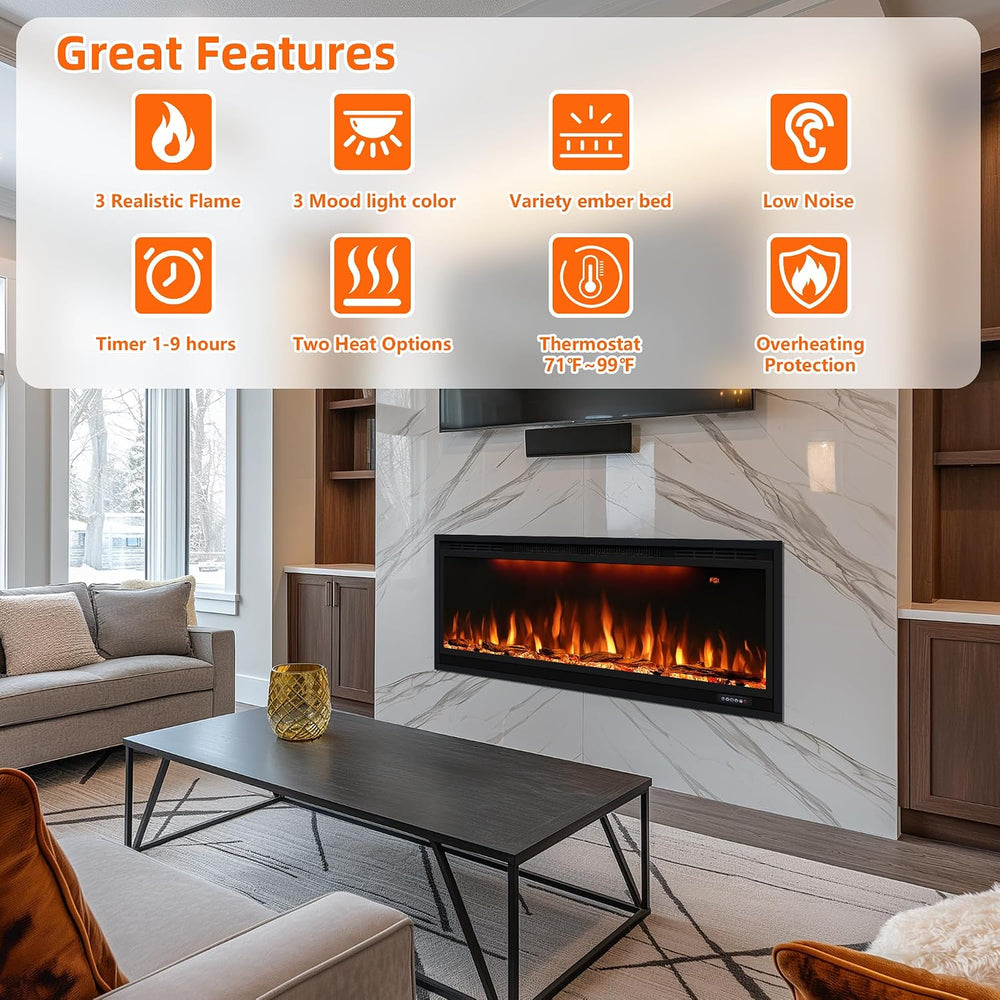 42 inch Smart Electric Fireplace WiFi-Enabled, Recessed &Wall Mounted Fir...