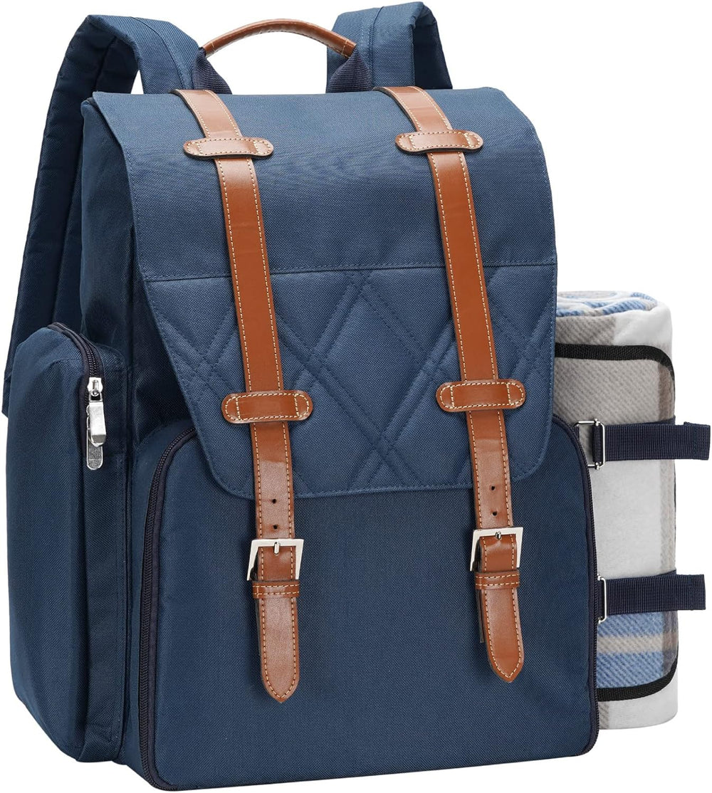 Picnic Backpack for 4 Person w/Cooler & Waterproof Blanket,Blue