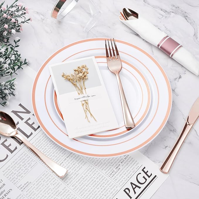 BESTVIP 175PCS Rose Gold Plastic Dinnerware Set, Disposable Party Plates for ...