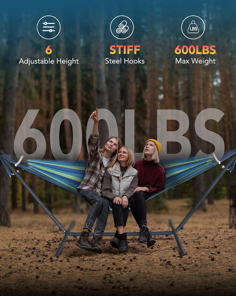 Everyfun Double Hammock with Stand for 2 Person, 600 lb Capacity, Wide Blue
