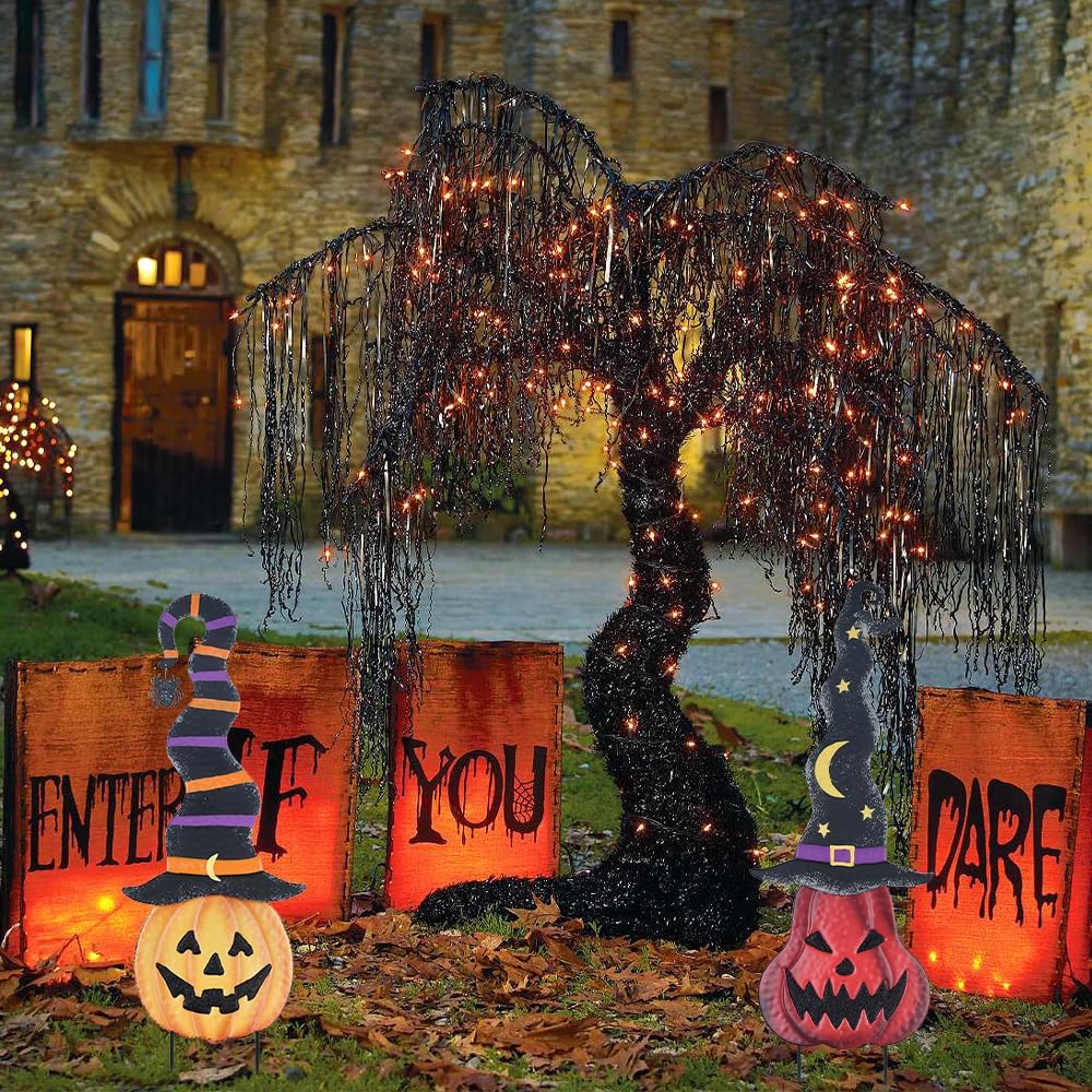YEAHOME Halloween Decorations Outdoor, 2 Pack Metal Pumpkin Garden Stakes wit...